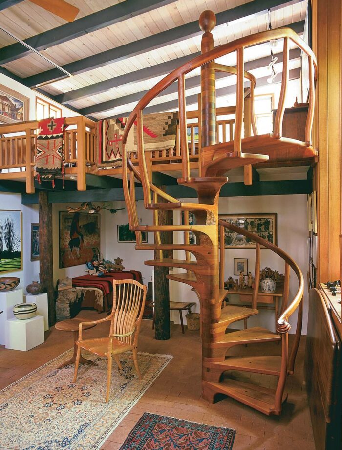 Sam Maloof's home with hand carved wood staircase, chairs, and other furniture