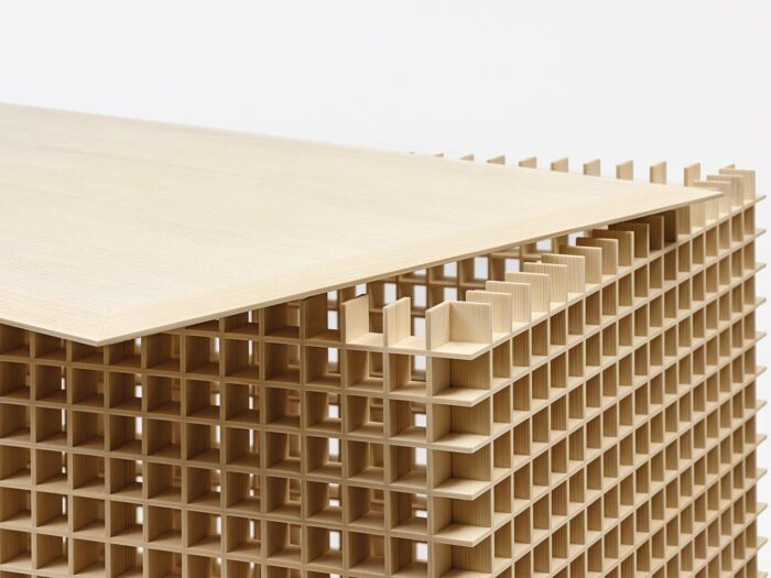 close up of checkered panel wood cabinet with negative space by Gunther Pfeffer