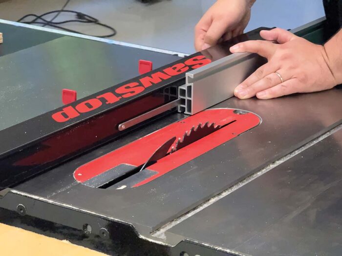 The face of the T-Glide Advance Rip Fence (ATGP-FA) is adjusted with three cam locks on the right side of the fence tube